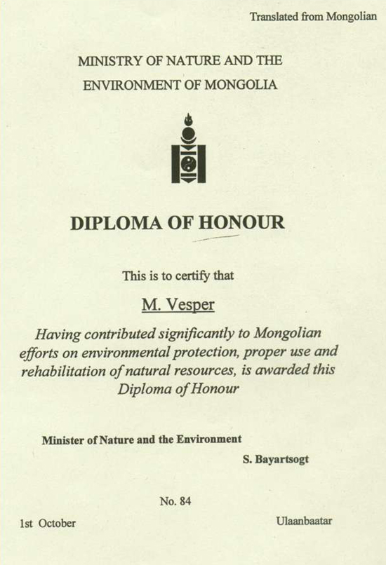 Diplom verliehen durch den mongolischen Minister fï¿½r Natur und Umwelt
